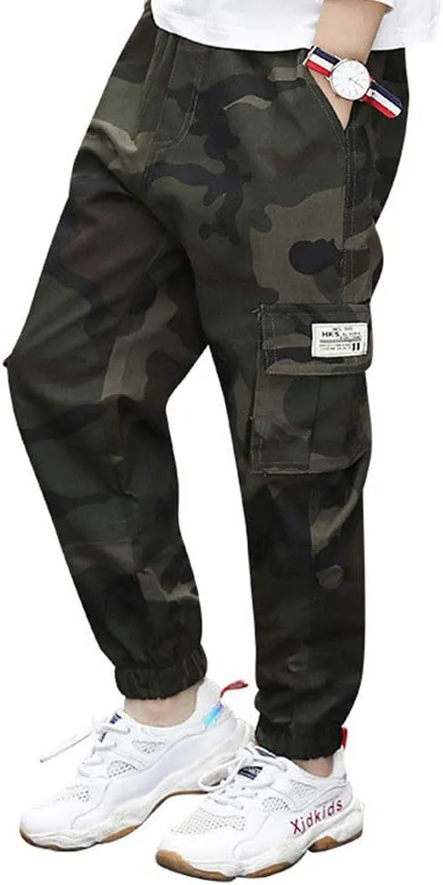 Boys Cotton Jogger Pants Elastic Waist Pull On Camouflage Cargo Pants with Multi-Pockets