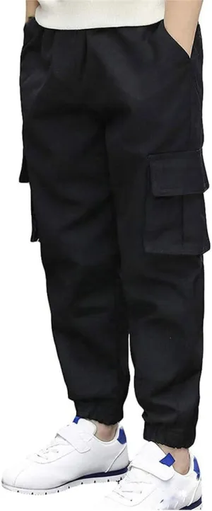 Boys Cotton Jogger Pants Elastic Waist Pull On Camouflage Cargo Pants with Multi-Pockets