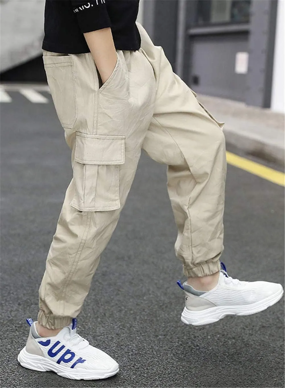 Boys Cotton Jogger Pants Elastic Waist Pull On Camouflage Cargo Pants with Multi-Pockets
