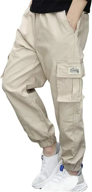 Boys Cotton Jogger Pants Elastic Waist Pull On Camouflage Cargo Pants with Multi-Pockets