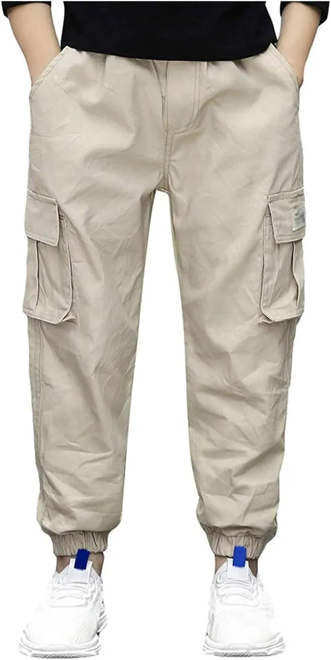 Boys Cotton Jogger Pants Elastic Waist Pull On Camouflage Cargo Pants with Multi-Pockets
