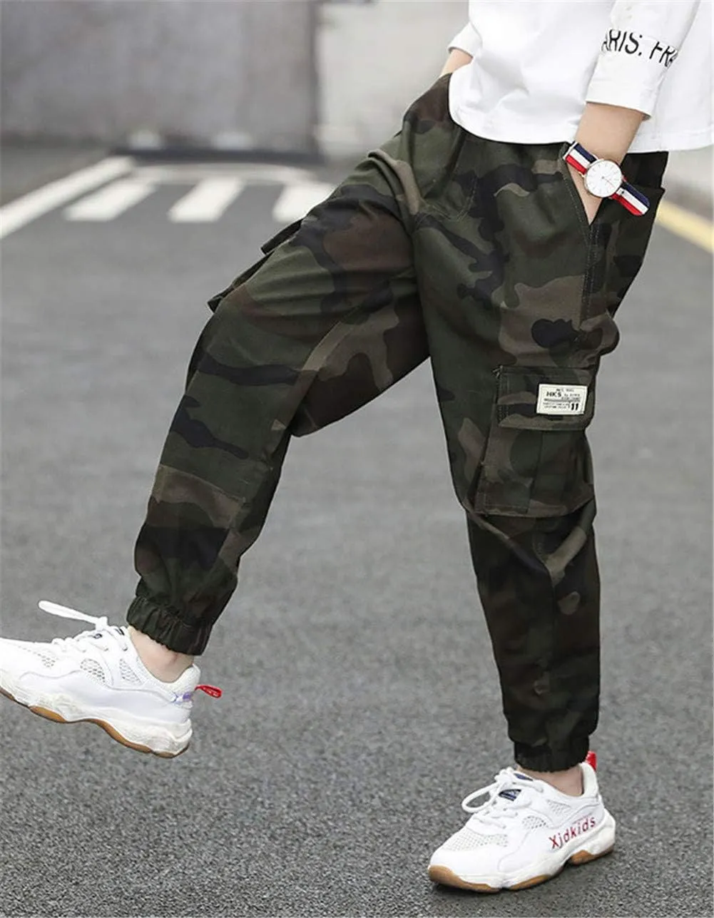 Boys Cotton Jogger Pants Elastic Waist Pull On Camouflage Cargo Pants with Multi-Pockets