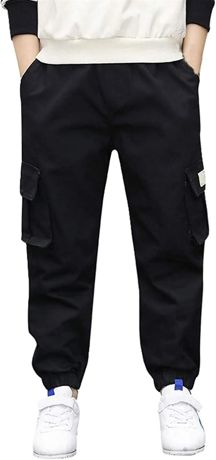 Boys Cotton Jogger Pants Elastic Waist Pull On Camouflage Cargo Pants with Multi-Pockets