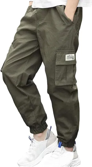 Boys Cotton Jogger Pants Elastic Waist Pull On Camouflage Cargo Pants with Multi-Pockets