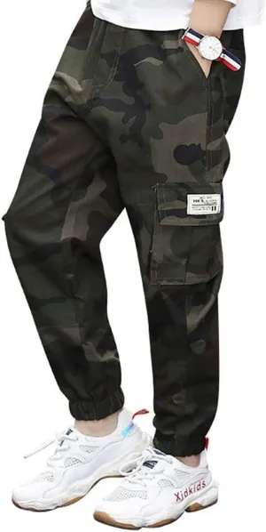 Boys Cotton Jogger Pants Elastic Waist Pull On Camouflage Cargo Pants with Multi-Pockets