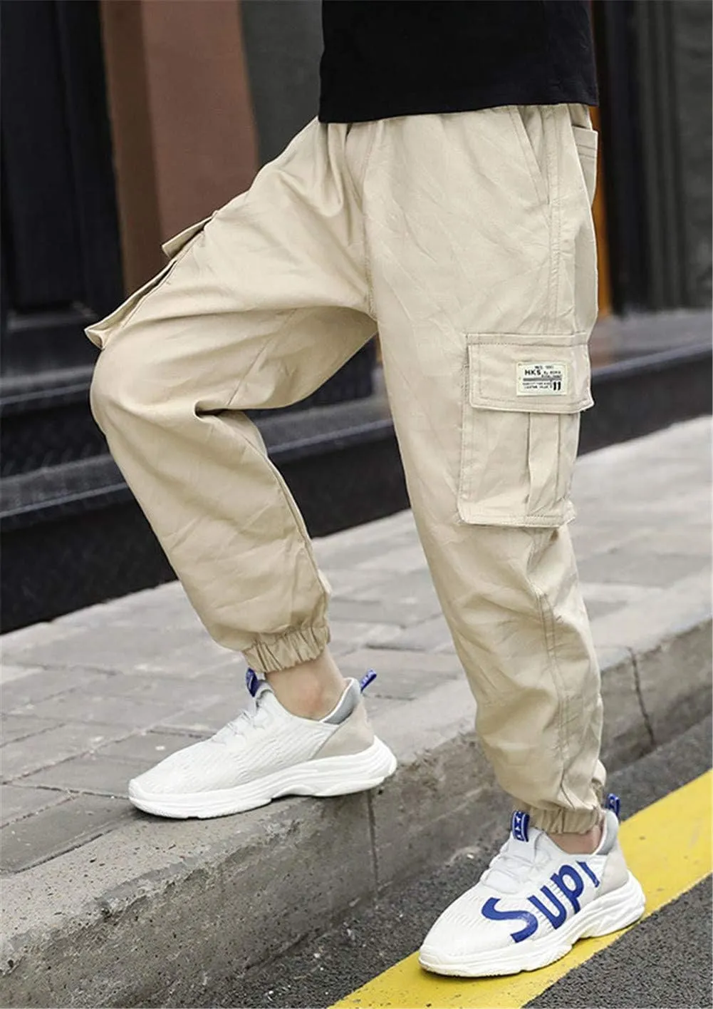 Boys Cotton Jogger Pants Elastic Waist Pull On Camouflage Cargo Pants with Multi-Pockets