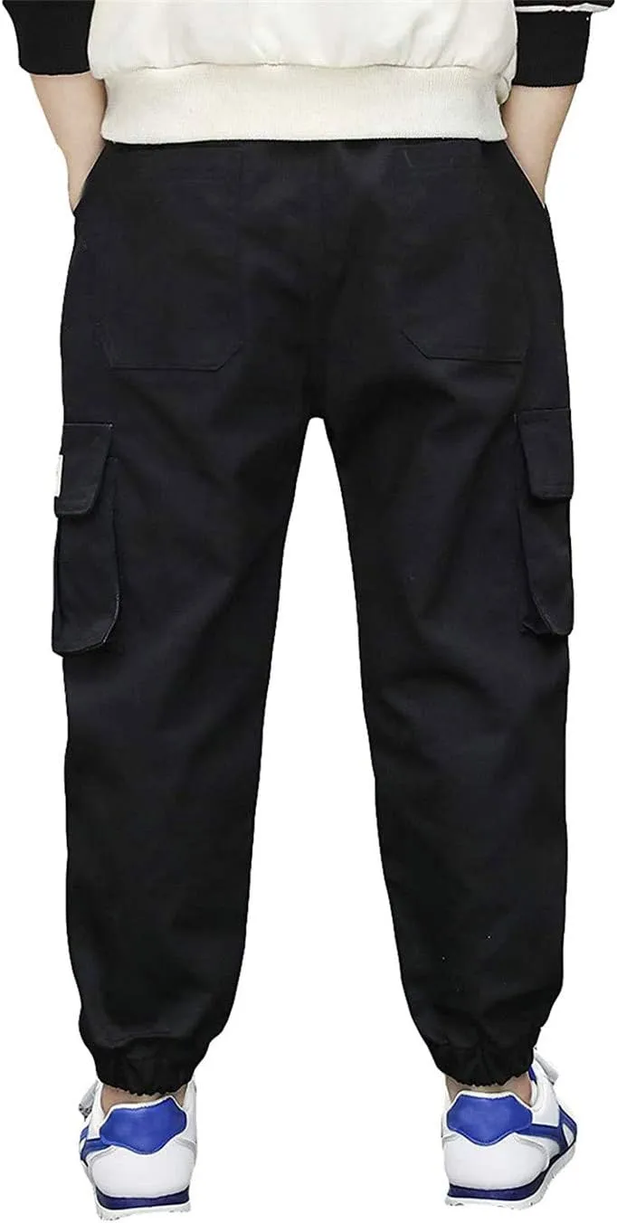 Boys Cotton Jogger Pants Elastic Waist Pull On Camouflage Cargo Pants with Multi-Pockets