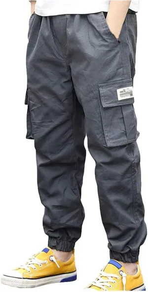 Boys Cotton Jogger Pants Elastic Waist Pull On Camouflage Cargo Pants with Multi-Pockets