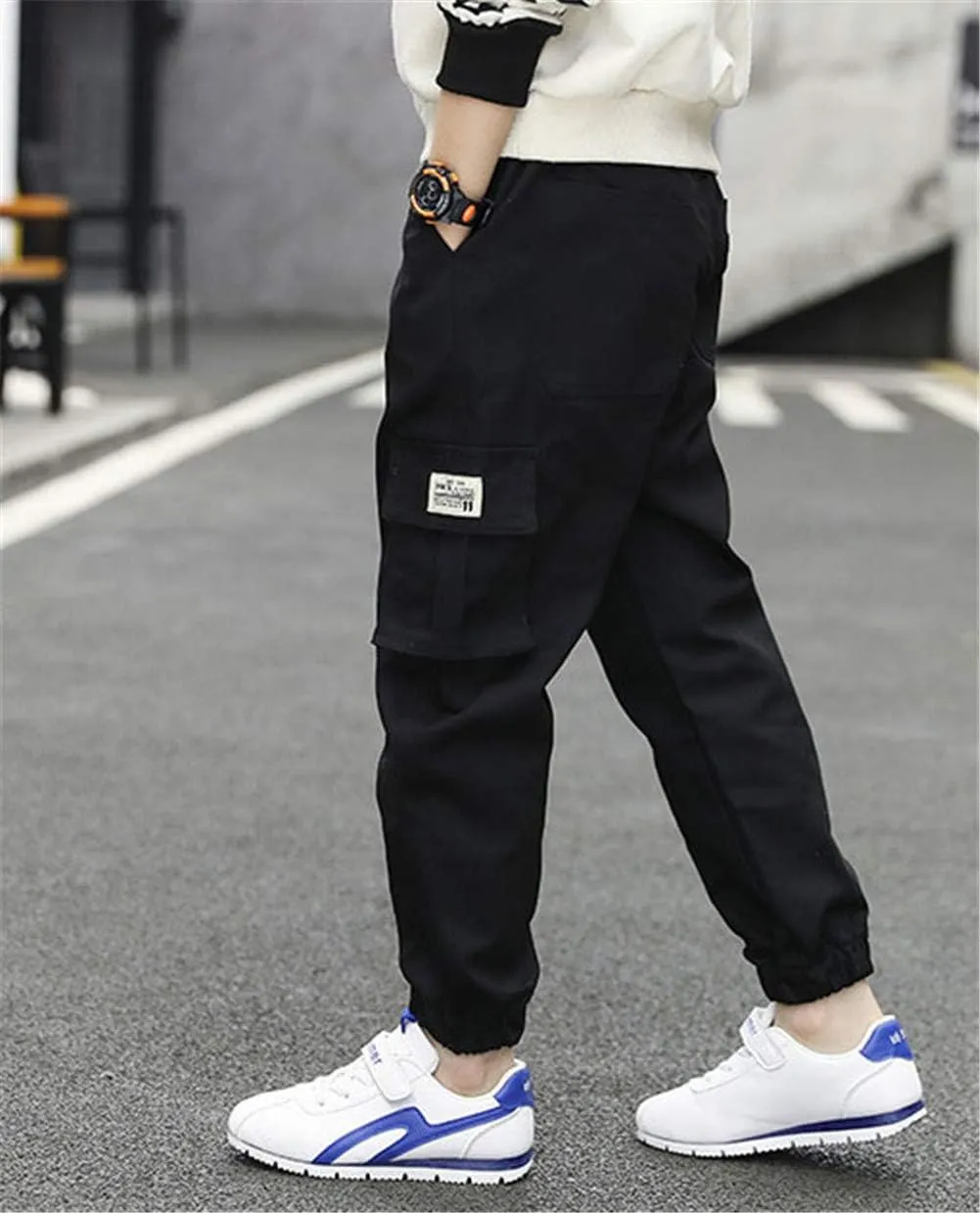 Boys Cotton Jogger Pants Elastic Waist Pull On Camouflage Cargo Pants with Multi-Pockets