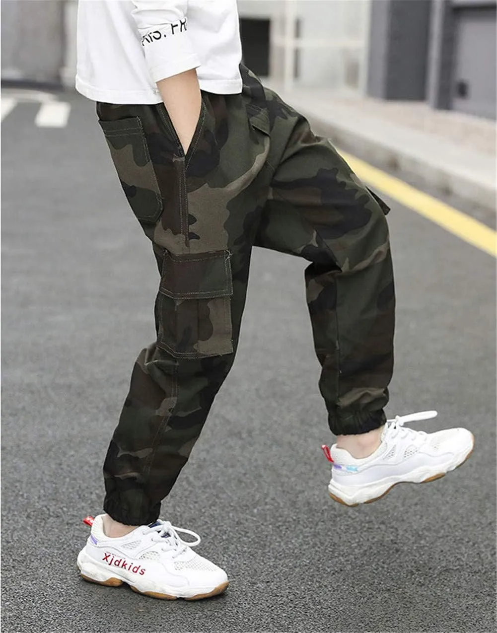Boys Cotton Jogger Pants Elastic Waist Pull On Camouflage Cargo Pants with Multi-Pockets