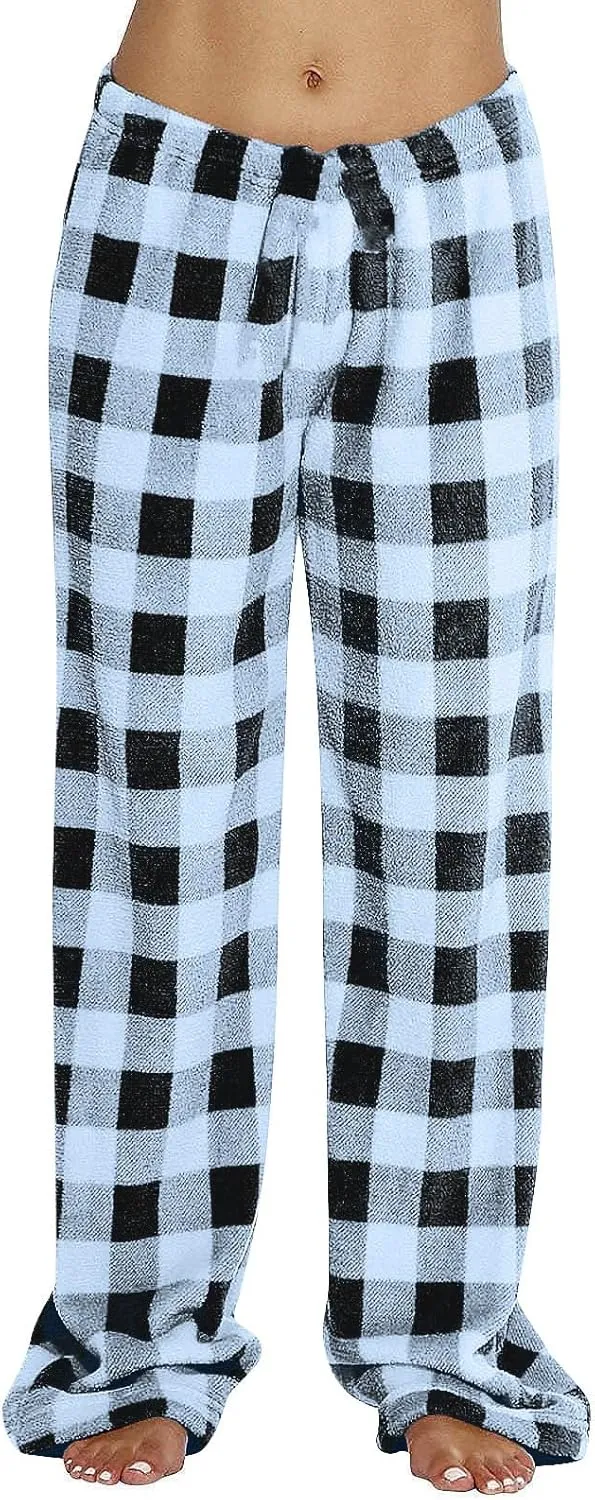 Buffalo Plaid Pajama Pants for Women Flannel Casual Comfy Fuzzy Pj Pants Winter Warm Baggy Wide Leg Lounge Pants