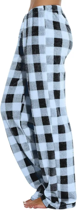 Buffalo Plaid Pajama Pants for Women Flannel Casual Comfy Fuzzy Pj Pants Winter Warm Baggy Wide Leg Lounge Pants