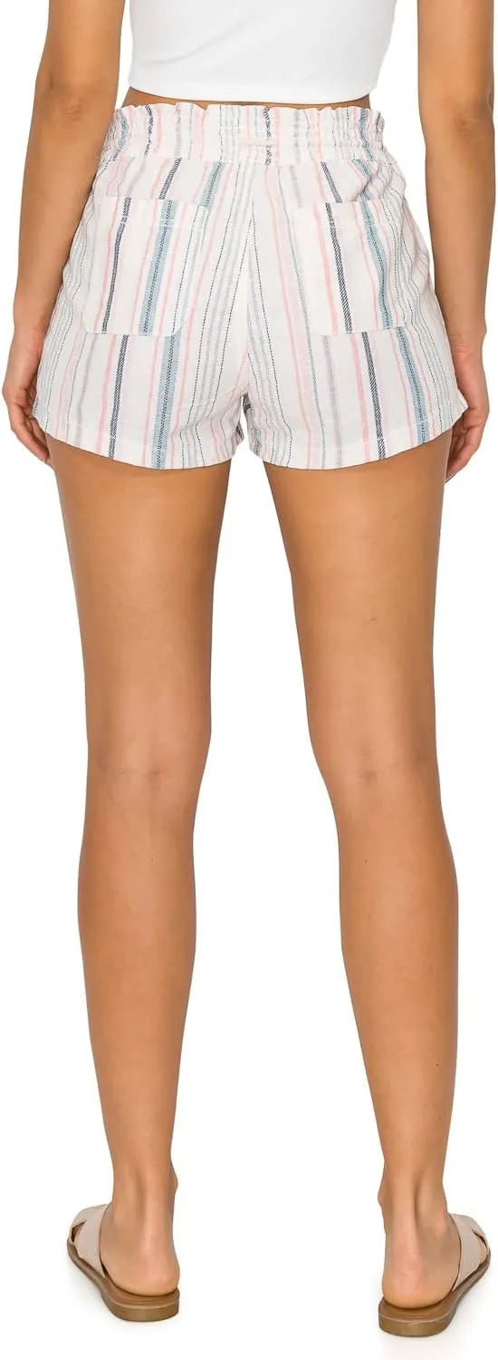 Cali1850 Women's Casual Linen Shorts - Drawstring Smocked Waist Oceanside Lounge Beach Printed Pants with Pockets