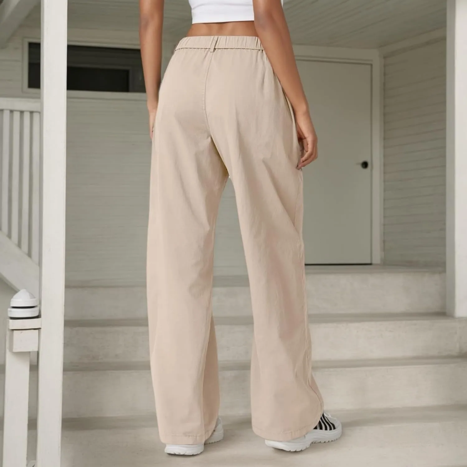 Cargo Pants for Women Zip Front Parachute Pants Baggy Wide Leg Pants with Pocket High Waist Straight Leg Trousers