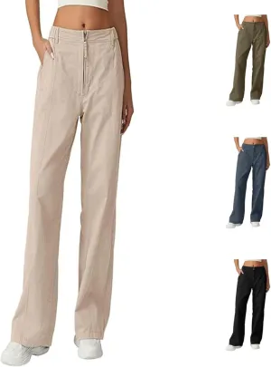 Cargo Pants for Women Zip Front Parachute Pants Baggy Wide Leg Pants with Pocket High Waist Straight Leg Trousers