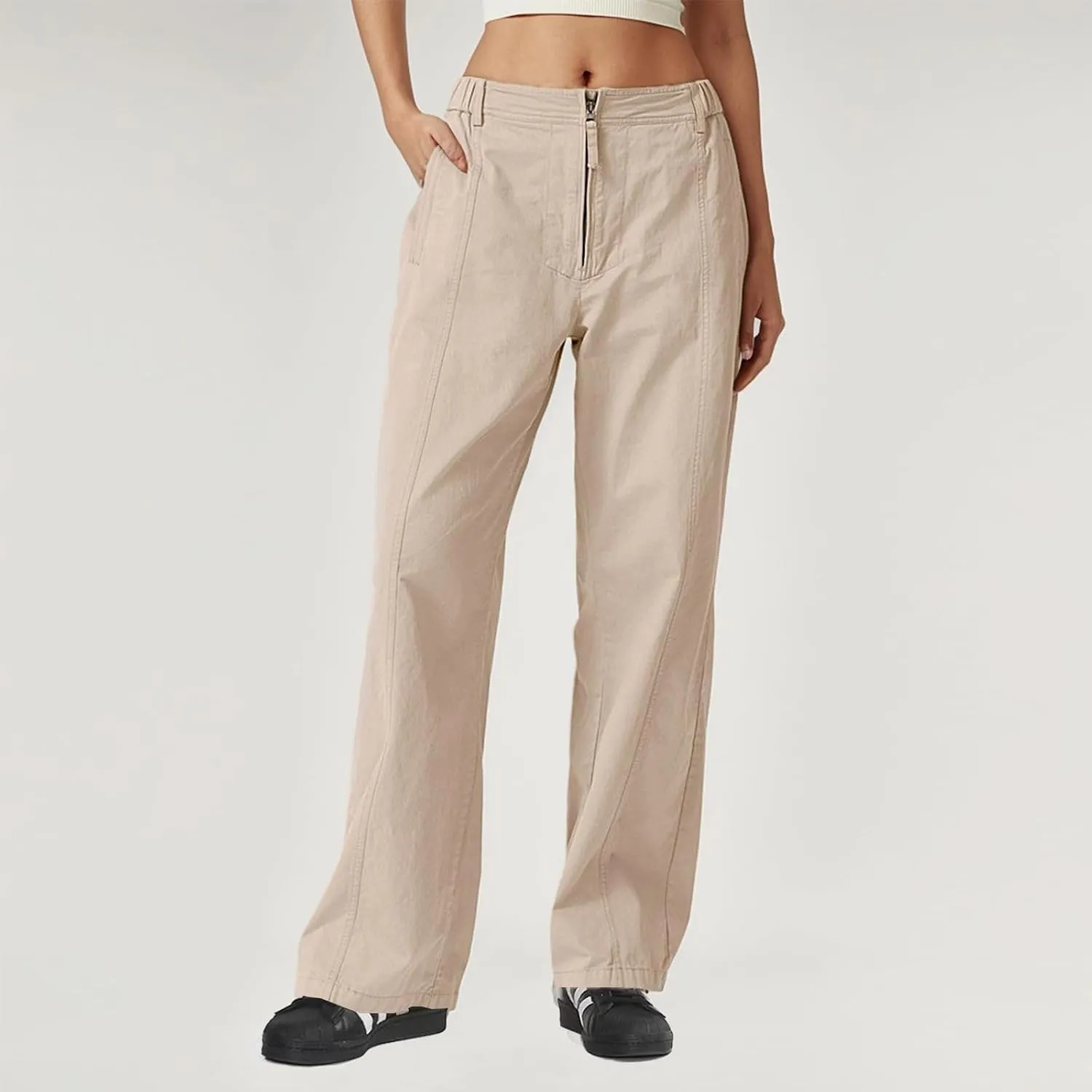 Cargo Pants for Women Zip Front Parachute Pants Baggy Wide Leg Pants with Pocket High Waist Straight Leg Trousers
