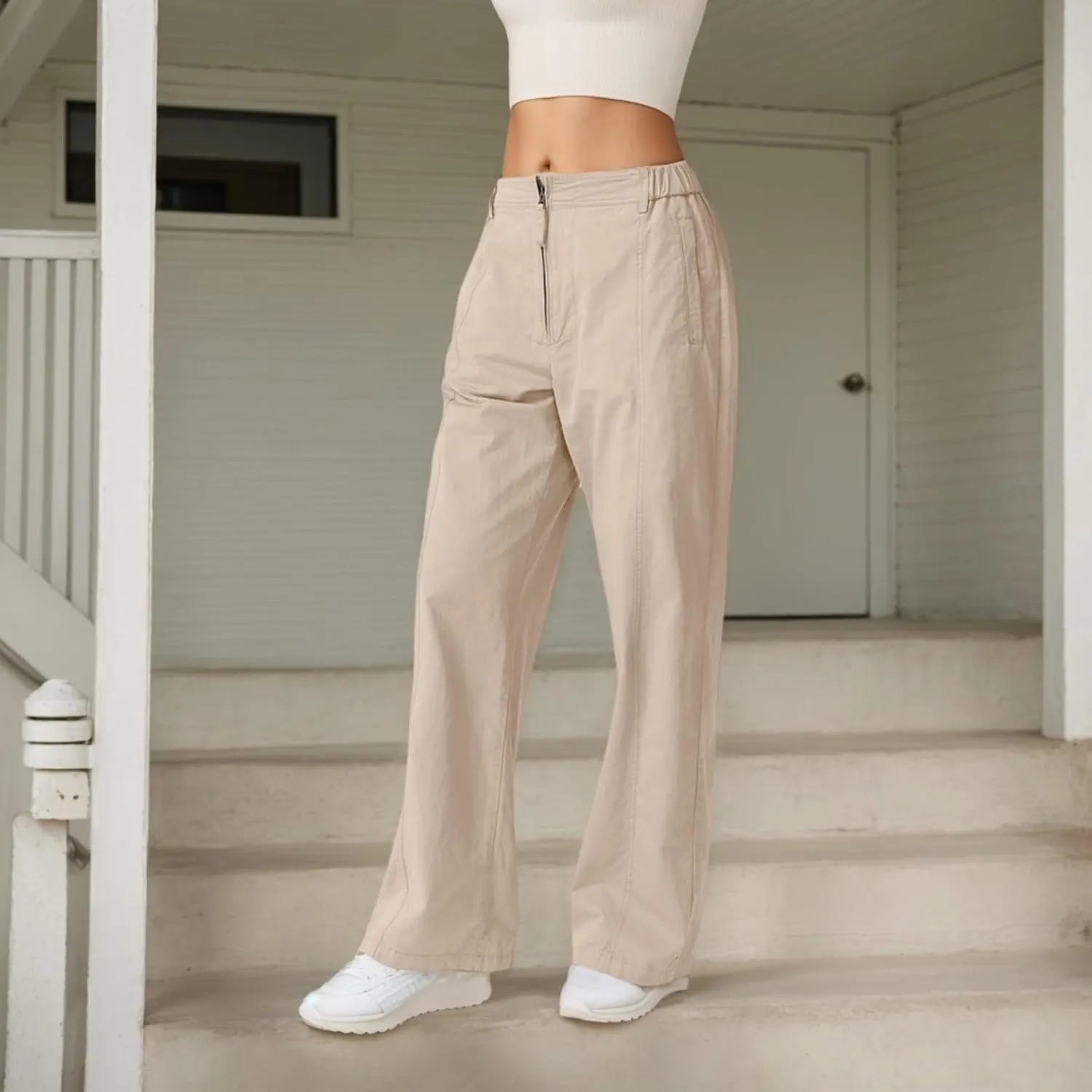 Cargo Pants for Women Zip Front Parachute Pants Baggy Wide Leg Pants with Pocket High Waist Straight Leg Trousers