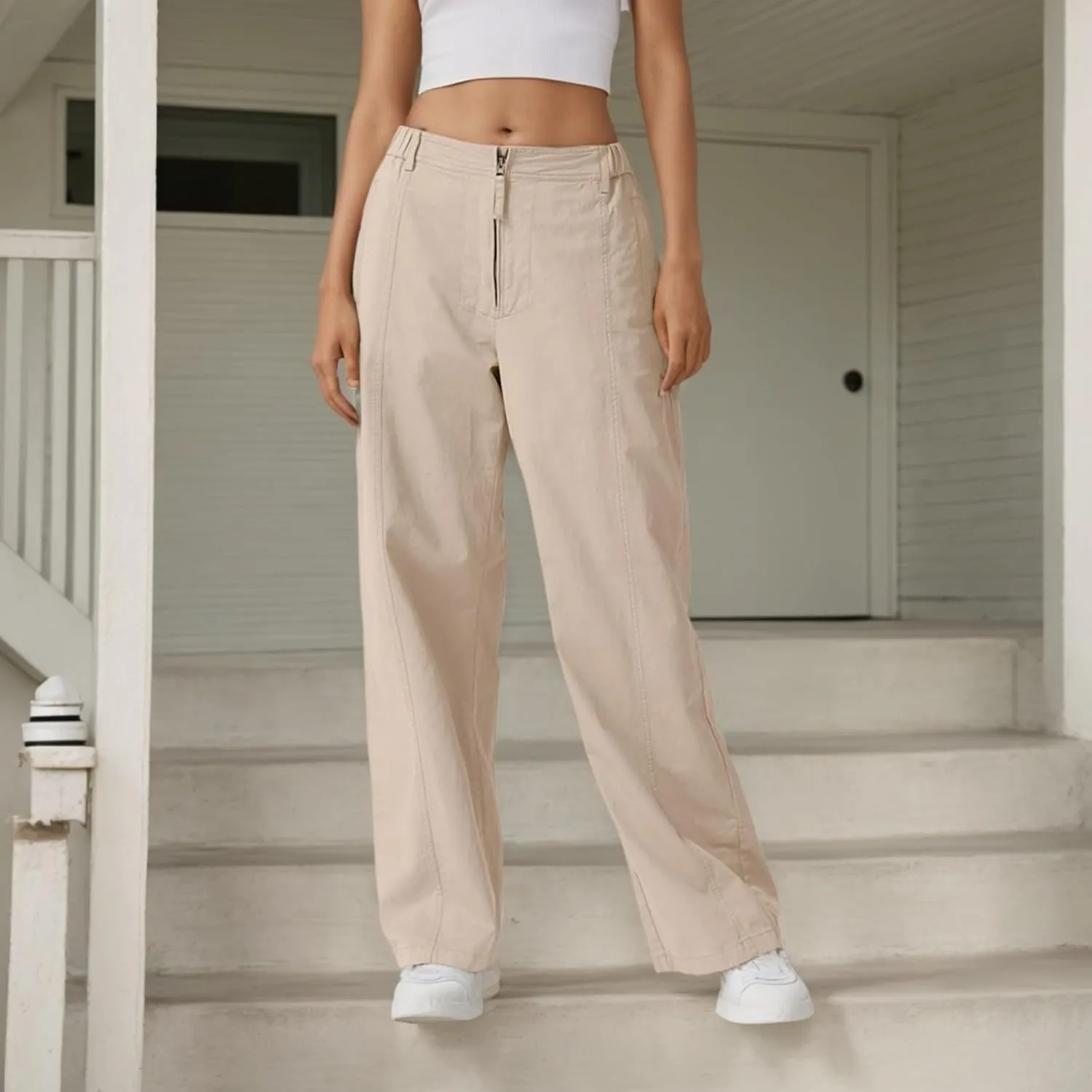 Cargo Pants for Women Zip Front Parachute Pants Baggy Wide Leg Pants with Pocket High Waist Straight Leg Trousers