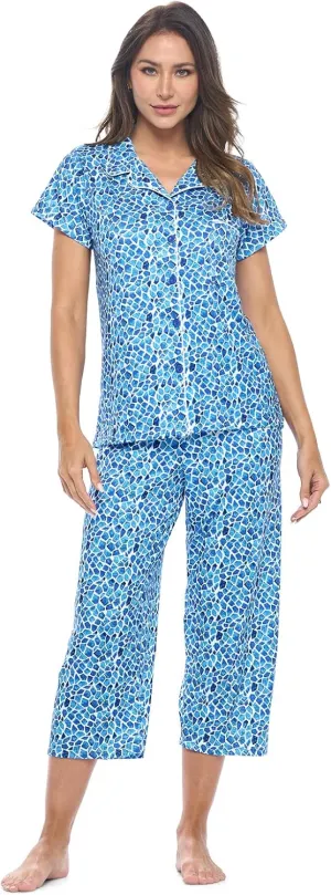 Casual Nights Women's Super Soft Capri Pajamas Set, Short Sleeve Button Down Shirt with Pants PJ Set with Pockets