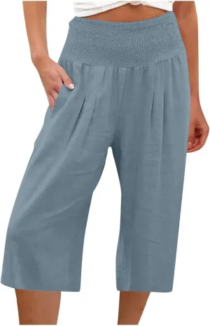 Ceboyel Women Wide Leg Crop Capris Cotton Linen High Waist Pants Flowy Palazzo Pants Casual Loose Summer Beach Outfits
