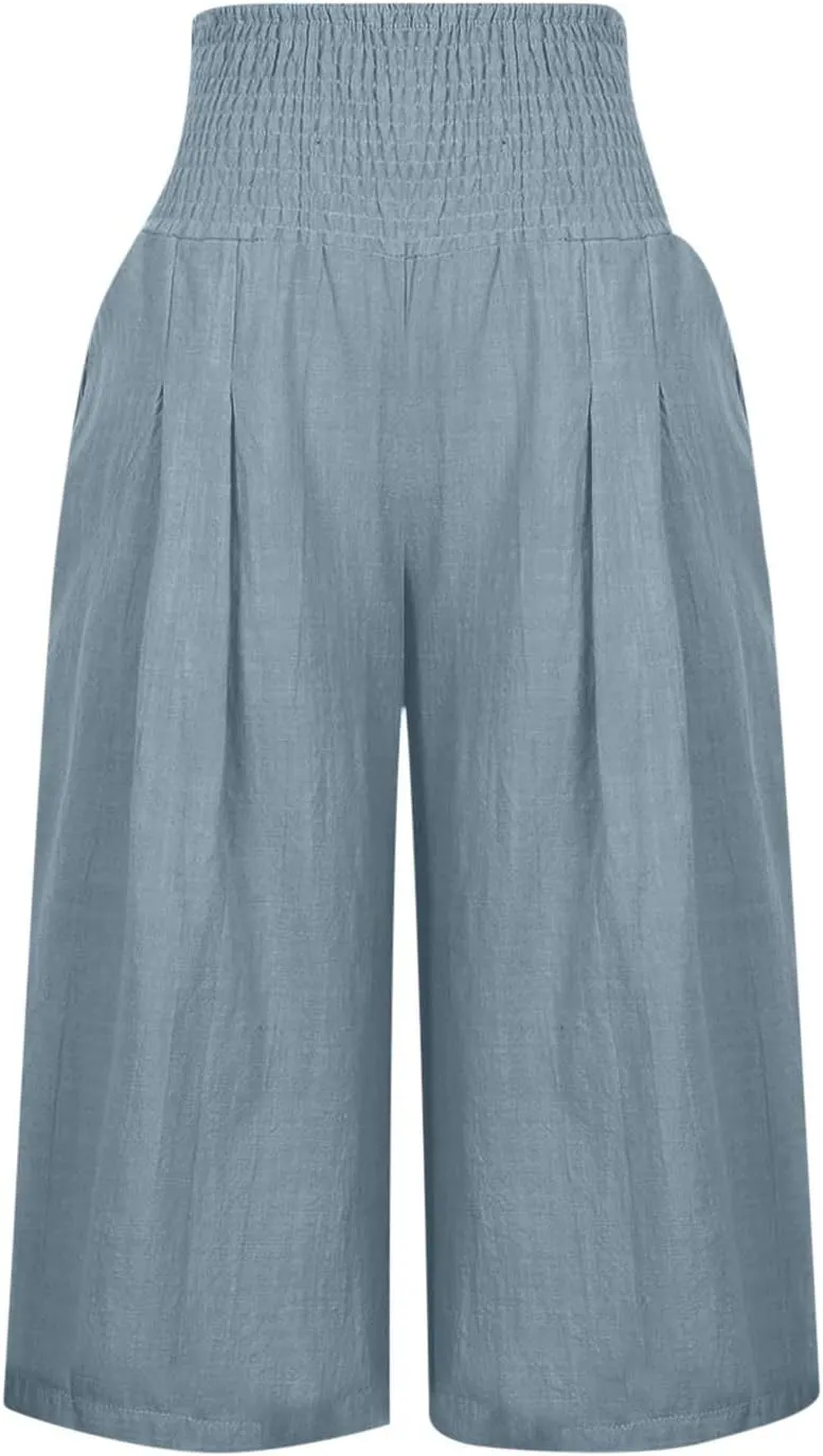 Ceboyel Women Wide Leg Crop Capris Cotton Linen High Waist Pants Flowy Palazzo Pants Casual Loose Summer Beach Outfits
