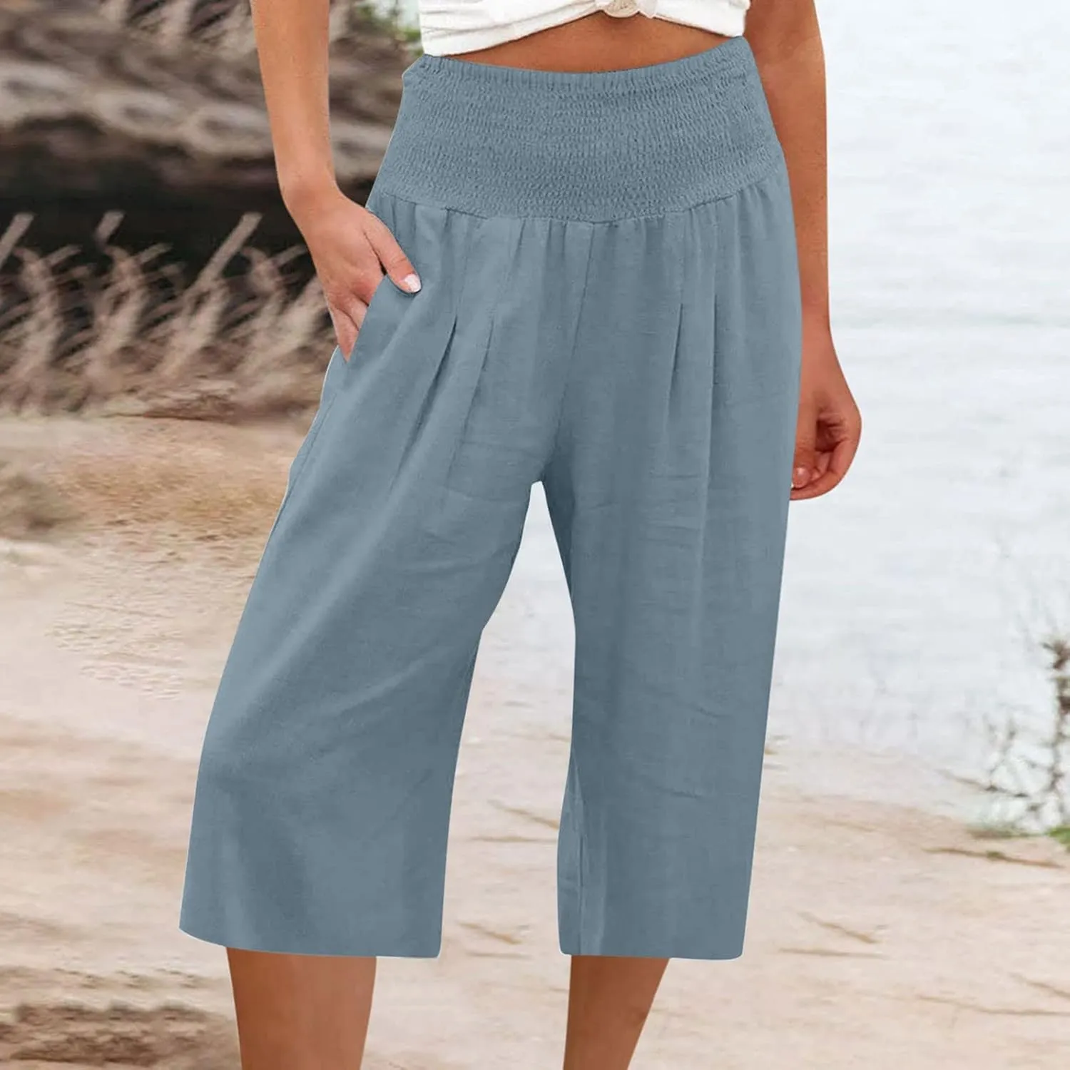 Ceboyel Women Wide Leg Crop Capris Cotton Linen High Waist Pants Flowy Palazzo Pants Casual Loose Summer Beach Outfits