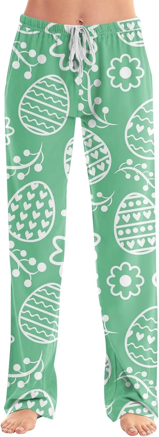 Comfy Pajama Pants for Women Drawstring Wide Leg Pj Bottoms Cute Easter Egg Bunny Print Palazzo Lounge Pants