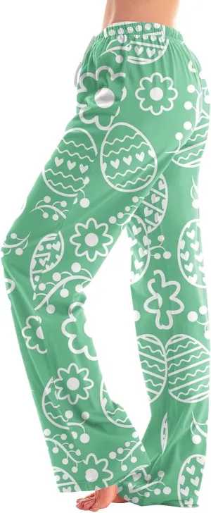 Comfy Pajama Pants for Women Drawstring Wide Leg Pj Bottoms Cute Easter Egg Bunny Print Palazzo Lounge Pants