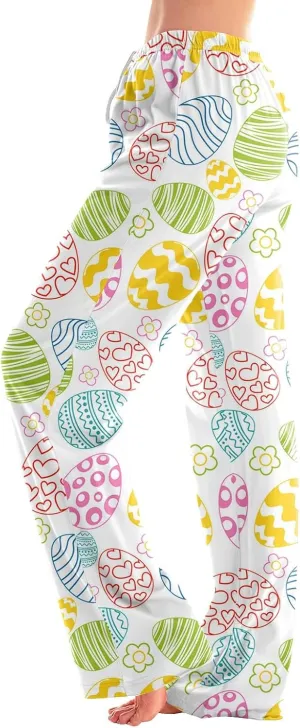 Comfy Pajama Pants for Women Drawstring Wide Leg Pj Bottoms Cute Easter Egg Bunny Print Palazzo Lounge Pants