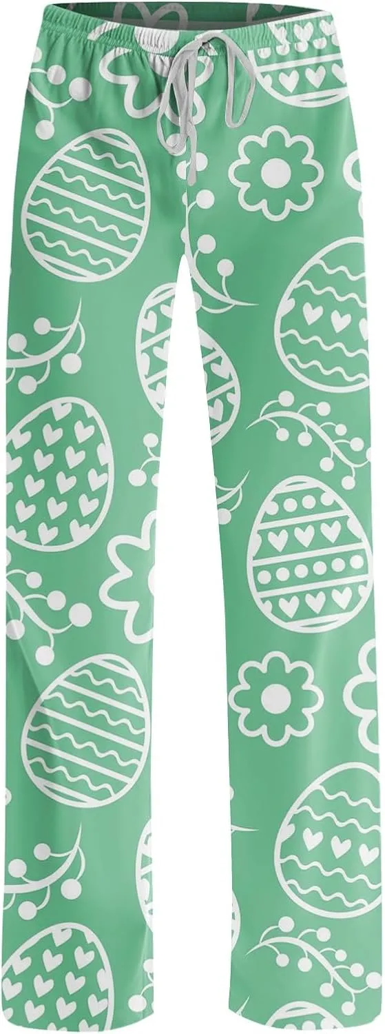 Comfy Pajama Pants for Women Drawstring Wide Leg Pj Bottoms Cute Easter Egg Bunny Print Palazzo Lounge Pants