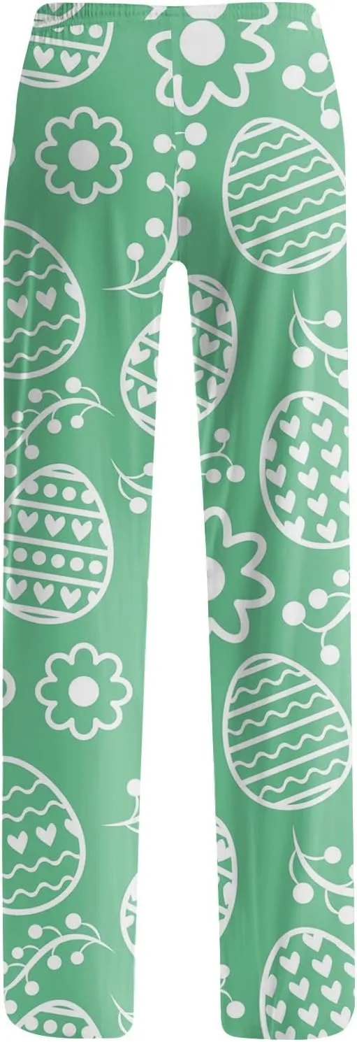 Comfy Pajama Pants for Women Drawstring Wide Leg Pj Bottoms Cute Easter Egg Bunny Print Palazzo Lounge Pants