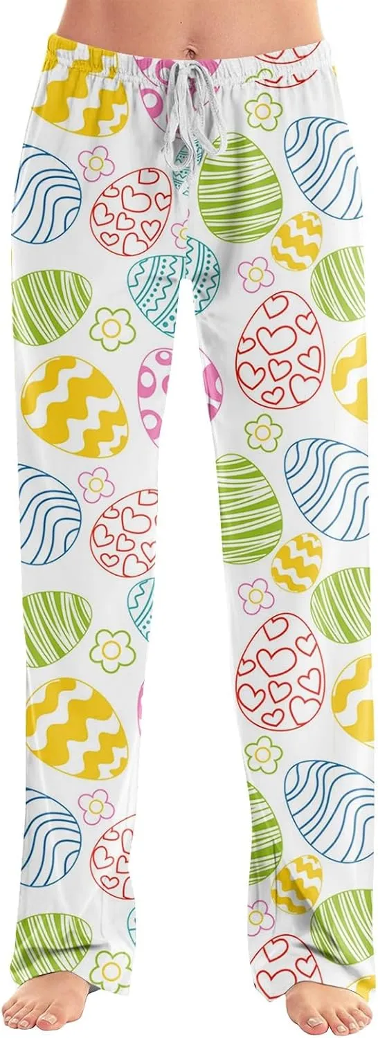 Comfy Pajama Pants for Women Drawstring Wide Leg Pj Bottoms Cute Easter Egg Bunny Print Palazzo Lounge Pants