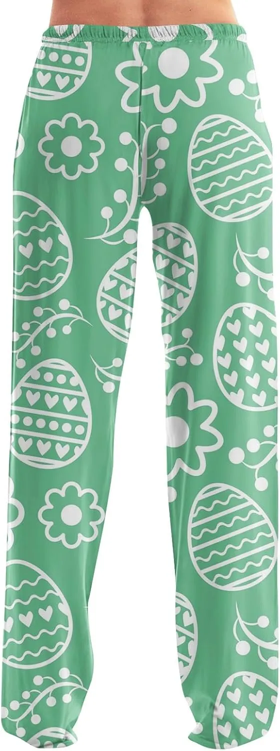 Comfy Pajama Pants for Women Drawstring Wide Leg Pj Bottoms Cute Easter Egg Bunny Print Palazzo Lounge Pants