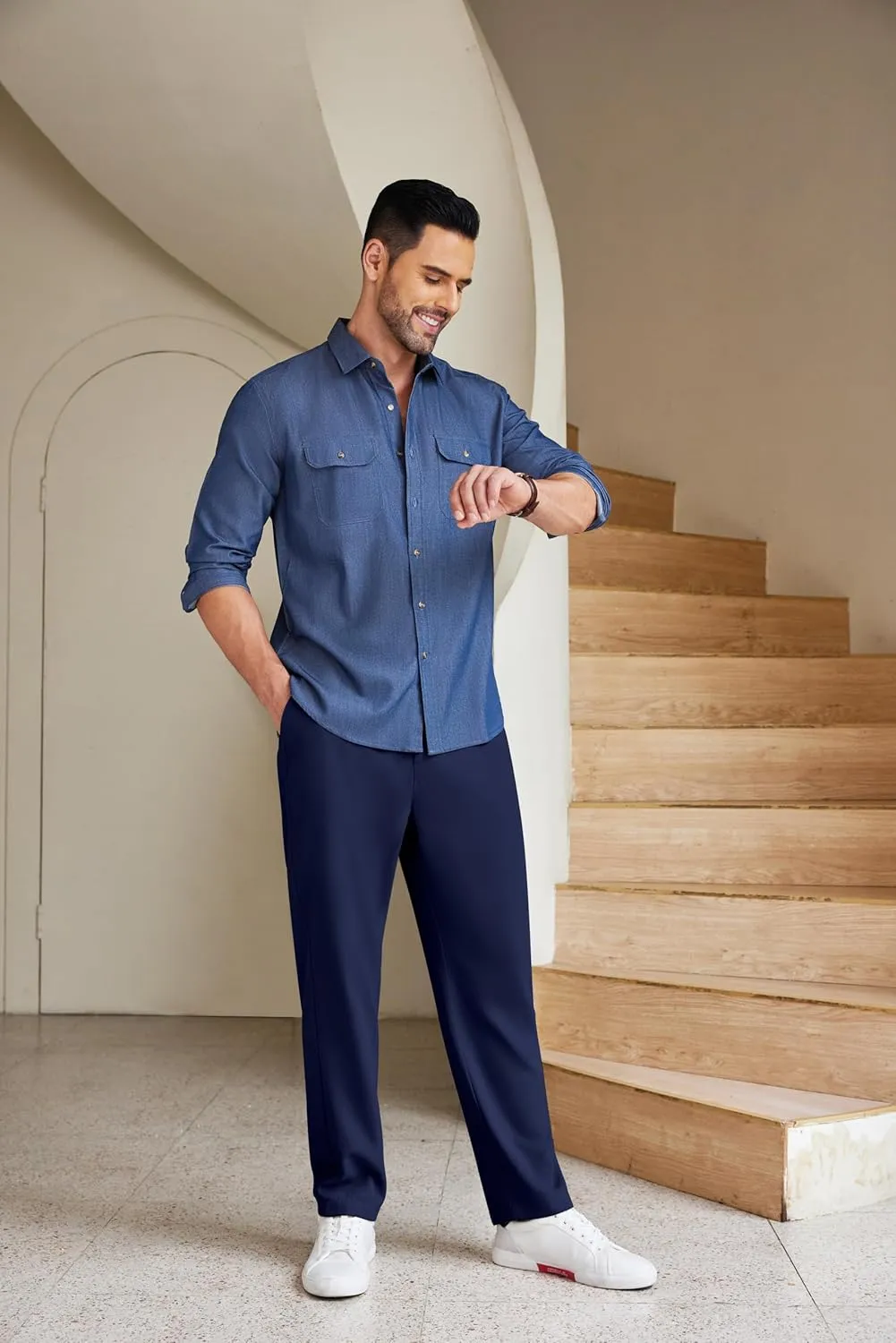 COOFANDY Men's Chino Pants Relaxed Fit Elastic Waist Basic Flat Front Drawstring Casual Pants