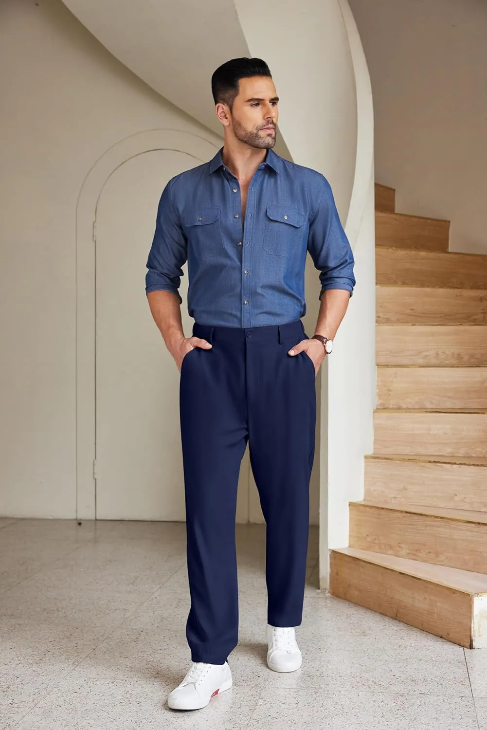 COOFANDY Men's Chino Pants Relaxed Fit Elastic Waist Basic Flat Front Drawstring Casual Pants