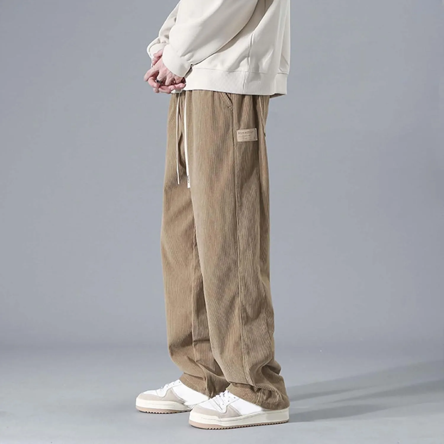 Corduroy Pants Men Straight Fit Baggy Relaxed fit Elastic Waist Drawstring Trousers Hip Hop Pants Casual Slacks 2025