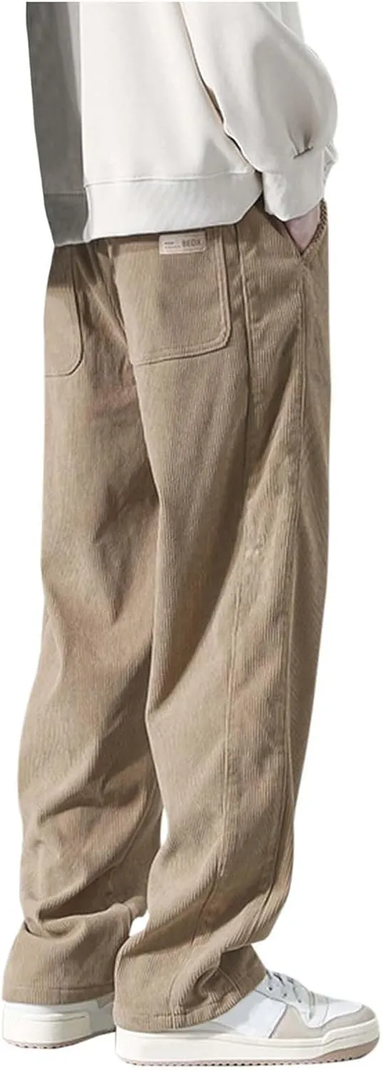 Corduroy Pants Men Straight Fit Baggy Relaxed fit Elastic Waist Drawstring Trousers Hip Hop Pants Casual Slacks 2025