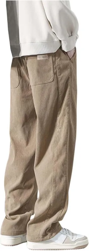 Corduroy Pants Men Straight Fit Baggy Relaxed fit Elastic Waist Drawstring Trousers Hip Hop Pants Casual Slacks 2025