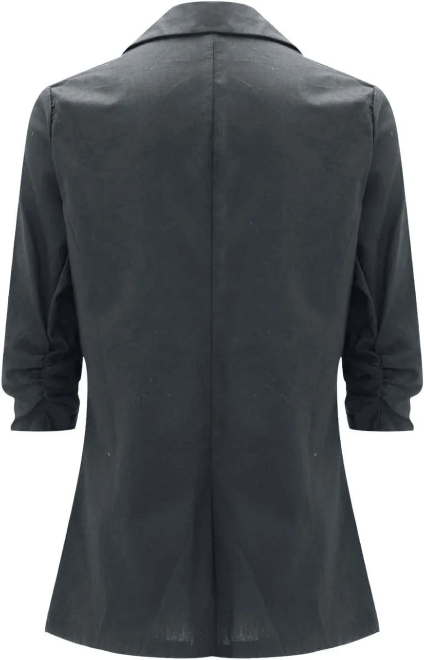 Cotton Linen Blazer Women 3/4 Stretchy Ruched Sleeve Fully Lined Boyfriend Lightweight Breathable Casual Work Jacket