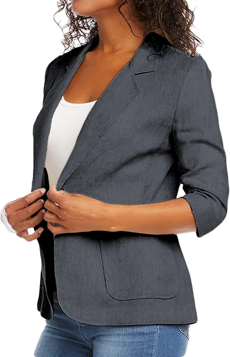 Cotton Linen Blazer Women 3/4 Stretchy Ruched Sleeve Fully Lined Boyfriend Lightweight Breathable Casual Work Jacket