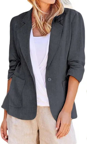 Cotton Linen Blazer Women 3/4 Stretchy Ruched Sleeve Fully Lined Boyfriend Lightweight Breathable Casual Work Jacket