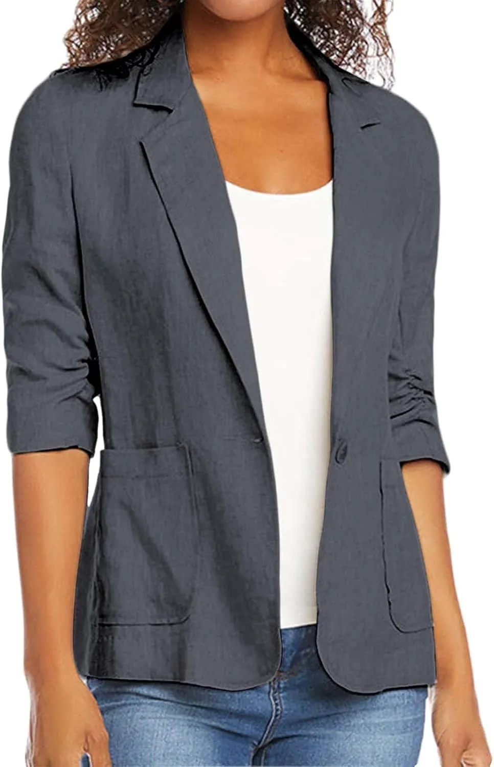 Cotton Linen Blazer Women 3/4 Stretchy Ruched Sleeve Fully Lined Boyfriend Lightweight Breathable Casual Work Jacket