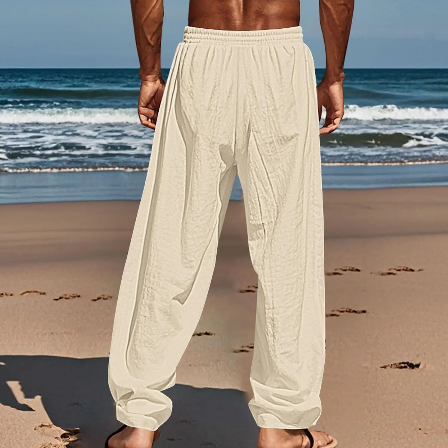 Cotton Linen Pants Mens 2025 Summer Beach Comfywear Trousers Loose Fit with Elastic Waist Drawstring Printed Pant