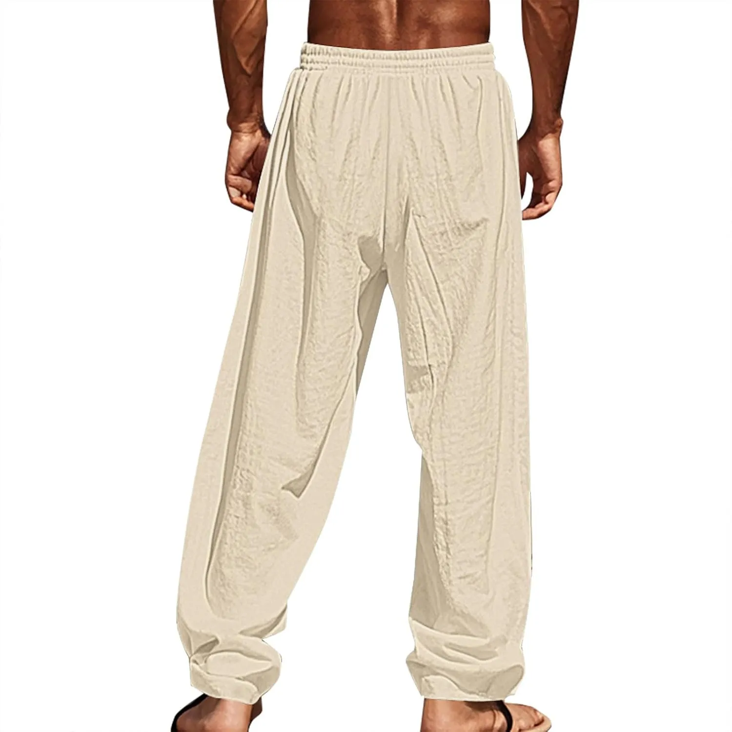 Cotton Linen Pants Mens 2025 Summer Beach Comfywear Trousers Loose Fit with Elastic Waist Drawstring Printed Pant