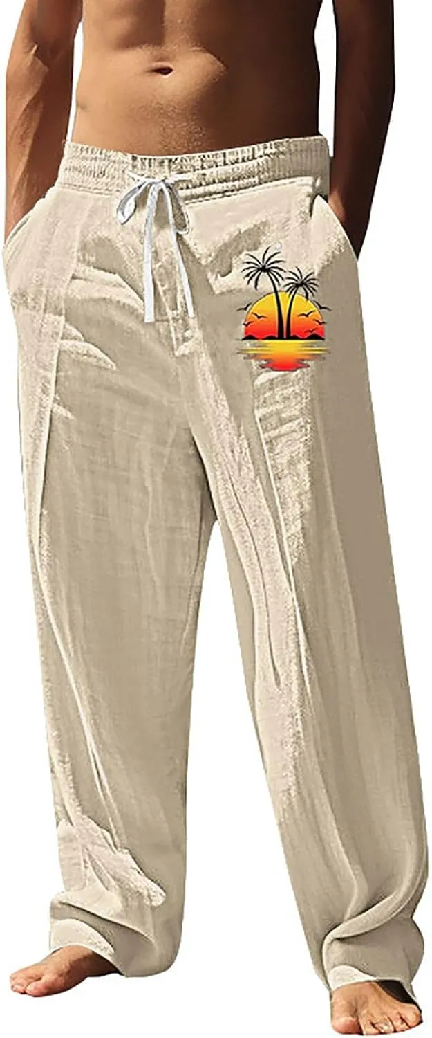 Cotton Linen Pants Mens 2025 Summer Beach Comfywear Trousers Loose Fit with Elastic Waist Drawstring Printed Pant