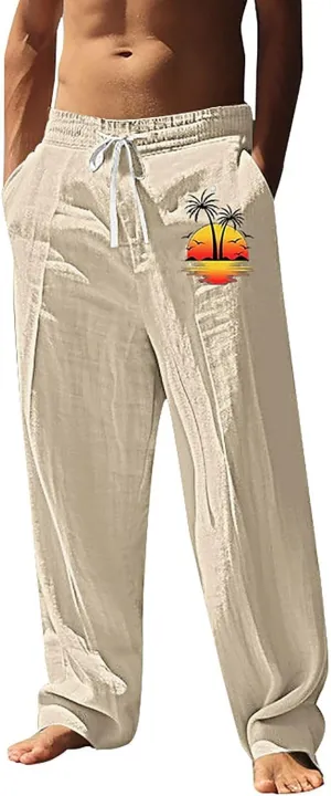 Cotton Linen Pants Mens 2025 Summer Beach Comfywear Trousers Loose Fit with Elastic Waist Drawstring Printed Pant