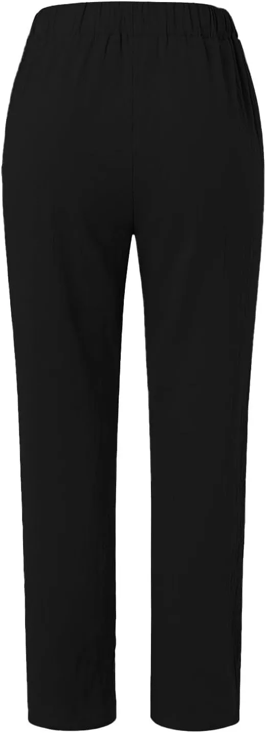 Cropped Linen Pants Women Summer Casual Elastic Waist Pants Baggy Wide Leg Crop Pants Side Button Down Capri Pants
