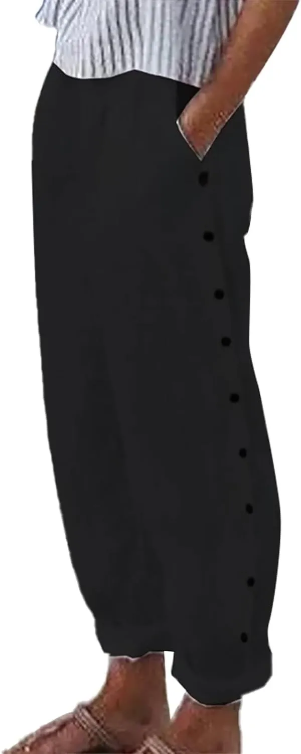 Cropped Linen Pants Women Summer Casual Elastic Waist Pants Baggy Wide Leg Crop Pants Side Button Down Capri Pants