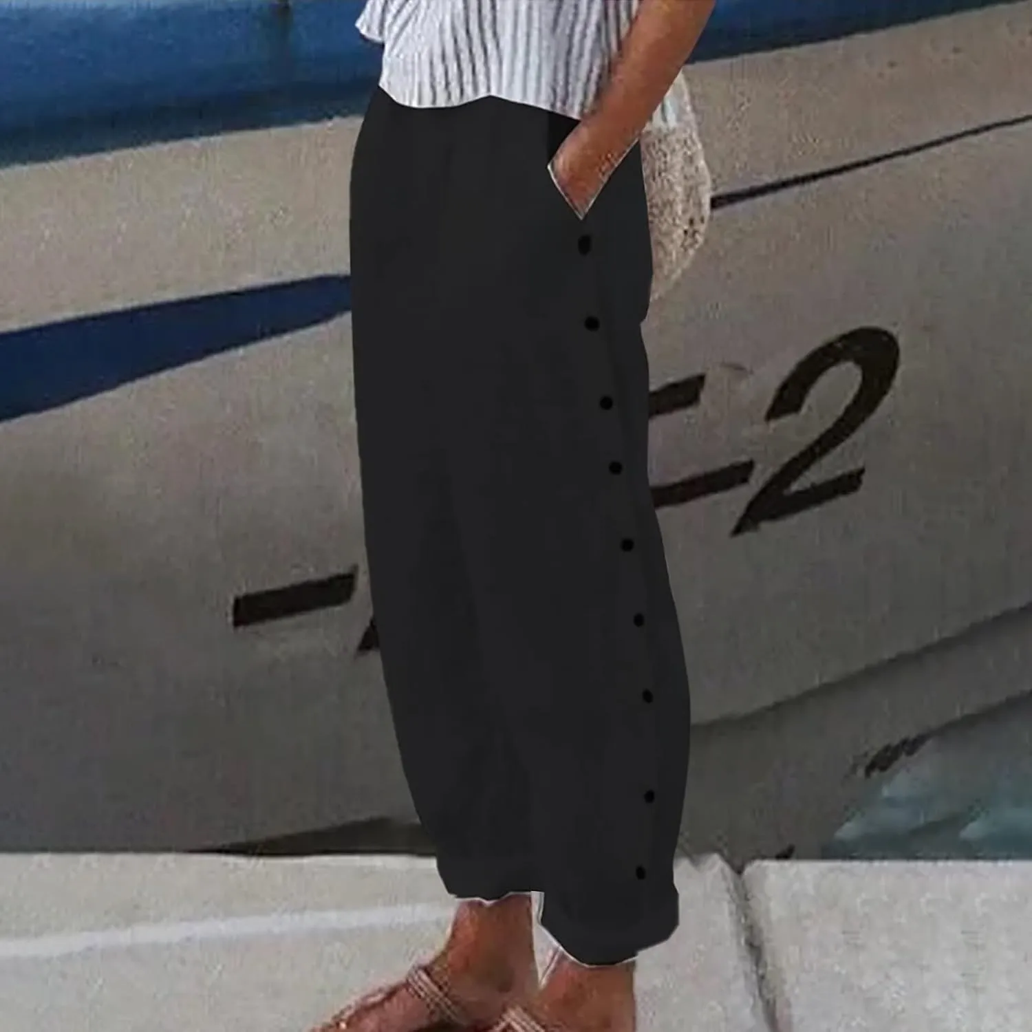 Cropped Linen Pants Women Summer Casual Elastic Waist Pants Baggy Wide Leg Crop Pants Side Button Down Capri Pants