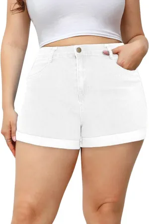 Cuihur Women's Plus Size Casual Denim Shorts High Waisted Stretchy Summer Folded Hem Jean Shorts